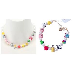 BETSEY JOHNSON SET Back to School Charm & Faux Pearl Necklace & Bracelet NEW NWT